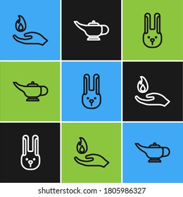 Set Line Hand Holding A Fire, Rabbit With Ears And Magic Lamp Or Aladdin Icon. Vector