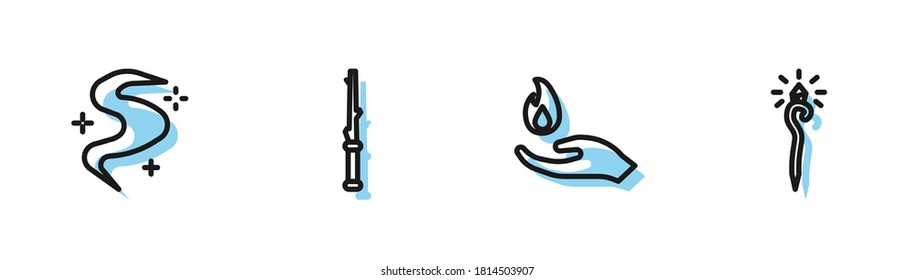 Set line Hand holding a fire, Magic fog or smoke, wand and staff icon. Vector
