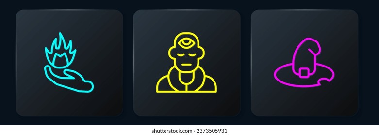 Set line Hand holding a fire, Witch hat and Wizard warlock. Black square button. Vector