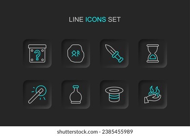 Fijar línea Mano sosteniendo el fuego, sombrero mágico, botella con poción, varita, vidrio de hormigón antiguo, daga, correas y icono de caja de misterio. Vector