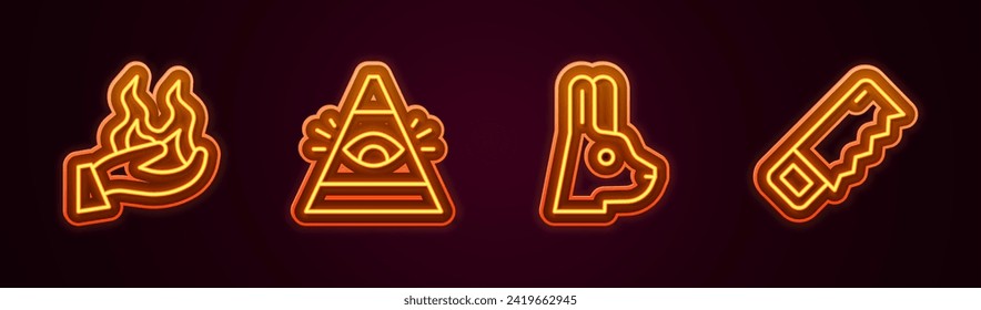 Set line Hand holding fire, All-seeing eye of God, Rabbit with ears and saw. Glowing neon icon. Vector