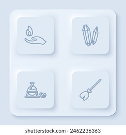 Set line Hand holding a fire, Magic stone, Witch cauldron magic and Witches broom. White square button. Vector