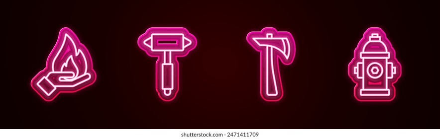 Set line Hand holding a fire, Firefighter axe,  and hydrant. Glowing neon icon. Vector