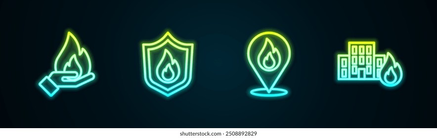 Mano que sostiene un fuego, escudo de protección contra incendios, Locación con llamas y edificios en llamas. Icono de neón brillante. Vector