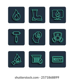 Set line Hand holding a fire, Fire burning garage, exit, Location with flame, Firefighter, axe,  and Gas mask icon. Vector