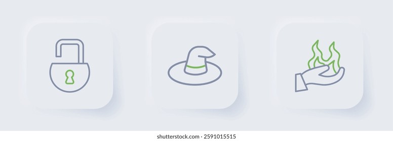 Set line Hand holding fire, Witch hat and Open padlock icon. Vector