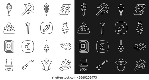 Set line Hand holding fire, Fireball, Bottle with potion, Magic sword, wand, All-seeing eye of God, hand mirror and stone icon. Vector