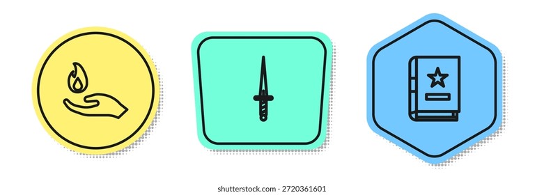 Mano sosteniendo un fuego, daga y libro de magia antiguo. Formas de colores. Vector