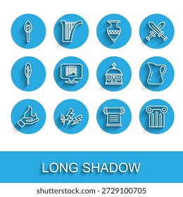 Mano que sostiene un fuego, Zeus, llama de la antorcha, decreto, pergamino, pergamino, columna antigua, botella de aceite de oliva e icono de construcción de Santorini. Vector