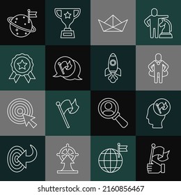 Set line Hand holding flag, Head hunting, Folded paper boat, Flag, Medal, Moon with and Rocket ship icon. Vector