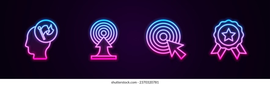 Fijar la bandera de sujeción de la mano de la línea, Objetivo con flecha y Medal. Icono de neón brillante. Vector