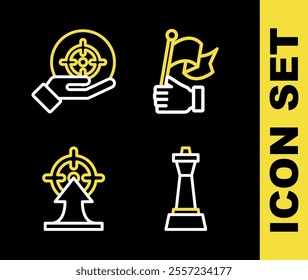 Set line Hand holding flag, Chess, Target and  icon. Vector