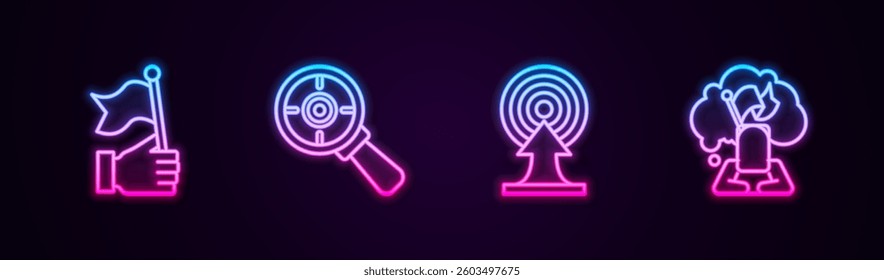 Set line Hand holding flag, Target with magnifying glass, arrow and Man. Glowing neon icon. Vector
