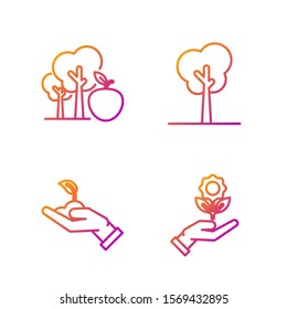 Set line Hand holding flower, Sprout in hand of environmental protection, Tree with apple and Tree. Gradient color icons. Vector