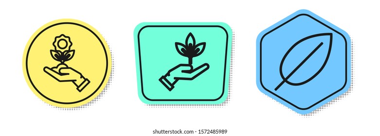 Set line Hand holding flower, Plant in hand of environmental protection and Leaf. Colored shapes. Vector