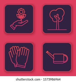 Set line Hand holding flower, Garden gloves, Tree and Watering can. Blue square button. Vector