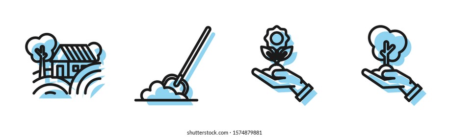 Set line Hand holding flower, Farm House concept, Shovel in the ground and Tree in hand of environmental protection icon. Vector