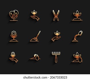 Set line Hand holding flower, Watering sprout, Tree with pears, Garden rake, plant, Shovel the ground, can water and Plant hand of environmental protection icon. Vector