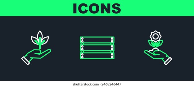 Set line Hand holding flower, Plant hand of environmental protection and Wooden box icon. Vector