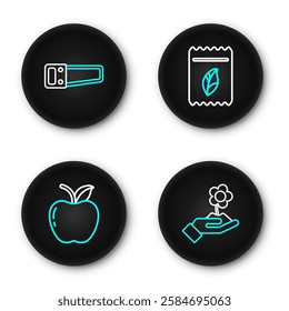 Set line Hand holding flower, Apple, Pack full of seeds of plant and saw icon. Vector