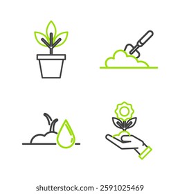 Set line Hand holding flower, Watering sprout, Garden trowel spade or shovel the ground and Flowers pot icon. Vector