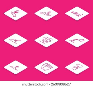 Set line Hand holding flower, Sprout hand of environmental protection, Lawn mower, Garden trowel spade or shovel the ground, Tree with apple, Watering can water,  and gloves icon. Vector