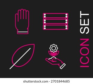 Set Linie Hand, die Blume, Blatt, Holzkiste und Gartenhandschuhe Symbol hält. Vektorgrafik