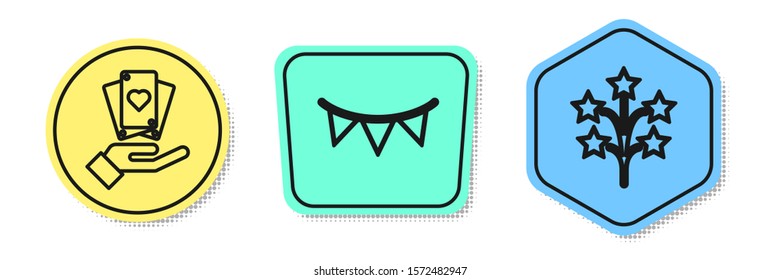 Set line Hand holding playing cards, Carnival garland with flags and Fireworks. Colored shapes. Vector