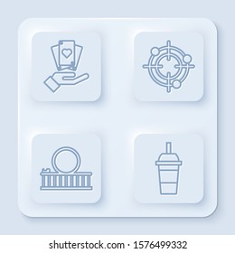 Set line Hand holding playing cards, Target sport for shooting competition, Roller coaster and Paper glass with drinking straw and water. White square button. Vector