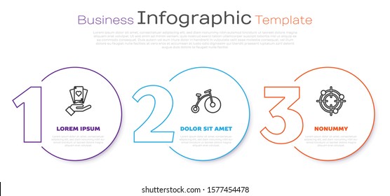 Set line Hand holding playing cards, Vintage bicycle with one big wheel and one small and Target sport for shooting competition. Business infographic template. Vector
