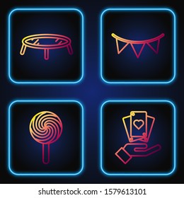 Set line Hand holding playing cards, Lollipop, Jumping trampoline and Carnival garland with flags. Gradient color icons. Vector