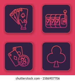 Set line Hand holding playing cards, Playing cards and glass of whiskey with ice cubes, Slot machine with lucky sevens jackpot and Playing card with clubs symbol. Blue square button. Vector