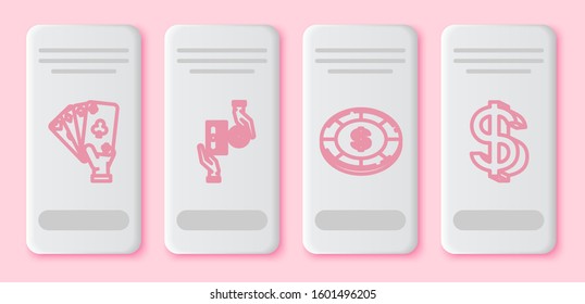 Set line Hand holding playing cards, Casino chips exchange on stacks of dollars, Casino chip with dollar symbol and Dollar symbol. White rectangle button. Vector