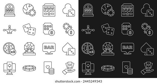 Set line Hand holding playing cards, Game dice, Casino chips exchange on money, Slot machine with jackpot, Joker,  and Lottery ball bingo icon. Vector