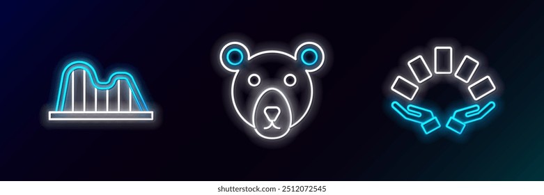 Set line Hand holding playing cards, Roller coaster and Bear head icon. Glowing neon. Vector