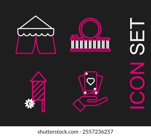 Set line Hand holding playing cards, Firework rocket, Roller coaster and Circus tent icon. Vector