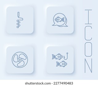 Set line Hand ice drill, Fish, Outboard boat motor and Fishing hook with fish. White square button. Vector