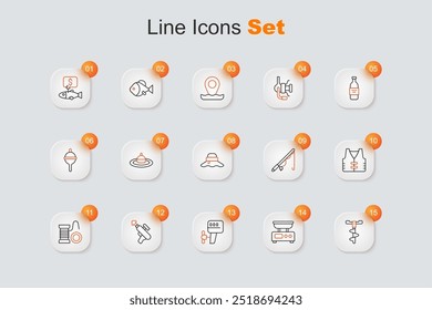 Set line Mano de taladro de hielo, escalas Electrónicas, motor fuera de borda del barco, arpón de pesca, carrete de giro para la pesca, chaqueta, varilla y el icono del sombrero del pescador. Vector
