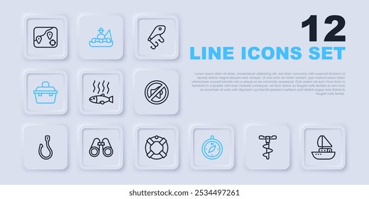 Set line Hand ice drill, Yacht sailboat, Dead fish, Compass, Case or box for fishing equipment, Binoculars, Fisherman and Lifebuoy icon. Vector