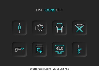 Set line Hand ice drill, Location fishing, Served plate, Fishing hook, harpoon, Camping folding chair, bucket with and float icon. Vector