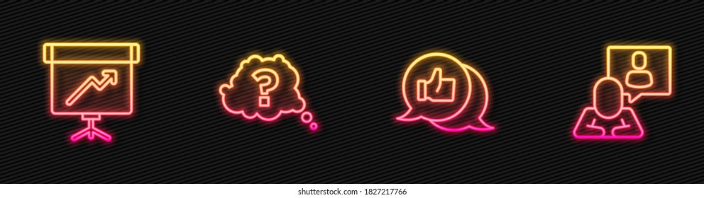 Set line Hand like, Chalkboard with diagram, Question mark and Head hunting. Glowing neon icon. Vector