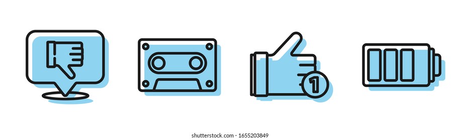 Set line Hand like, Dislike in speech bubble, Retro audio cassette tape and Battery charge level indicator icon. Vector