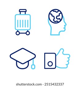 Definir linha Mão como, Boné de formatura, Aprender idiomas estrangeiros e ícone de mala. Vetor