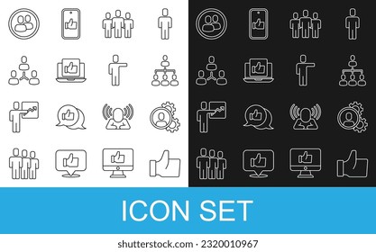 Set line Hand like, Head hunting, Hierarchy organogram chart, Users group, Project team base,  and  icon. Vector