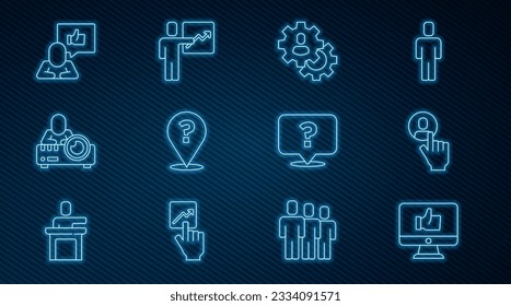 Set line Hand like, Head hunting, Question mark, Media projector,  and Team leader icon. Vector
