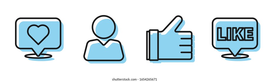 Fijar la línea como, Como y corazón, Añadir a amigo y Como en el icono de burbuja de voz. Vector