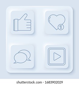 Set line Hand like, Like and heart, Speech bubble chat and Play in square. White square button. Vector