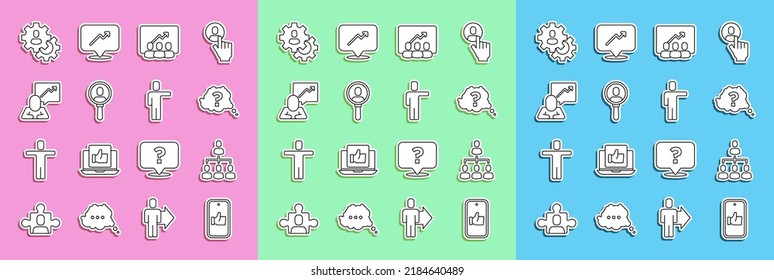 Establecer línea como, organigrama jerárquico, signo de interrogación, base de equipo del proyecto, Buscar personas, jefe de equipo, caza de cabezas e icono. Vector