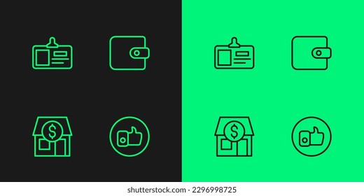 Set line Hand like, Market store, Identification badge and Wallet icon. Vector