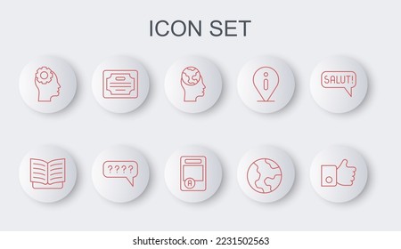 Set line Hand like, Open book, Learning foreign languages, Earth globe, Head with gear inside, Certificate template, Speech bubbles Question and Exam sheet A plus grade icon. Vector